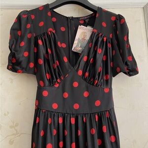 Betsey Johnson Black Midi Dress with Red Polka Dots and Puff Sleeves